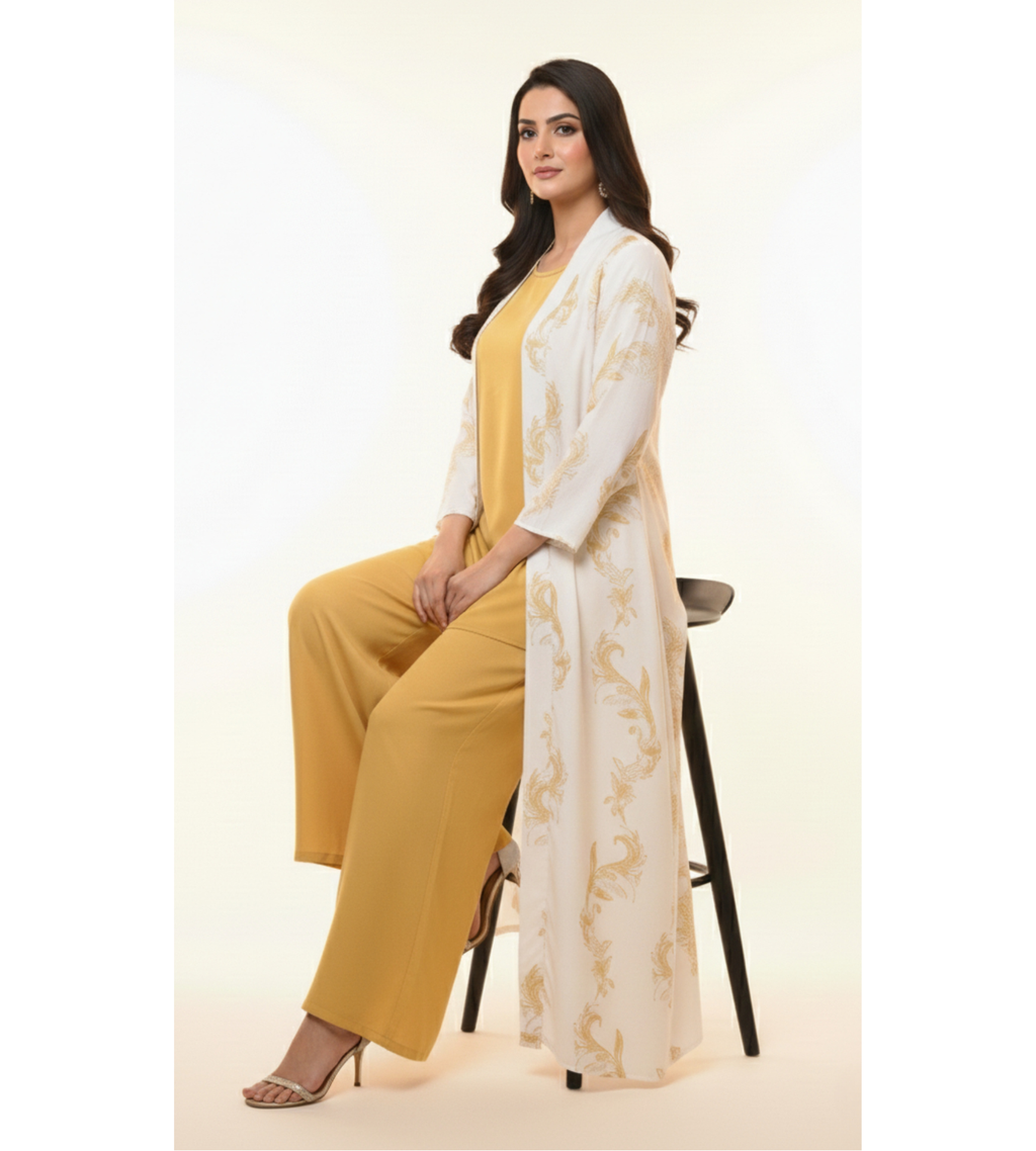 Mustard Floral – 3-Piece Premium Gown Set