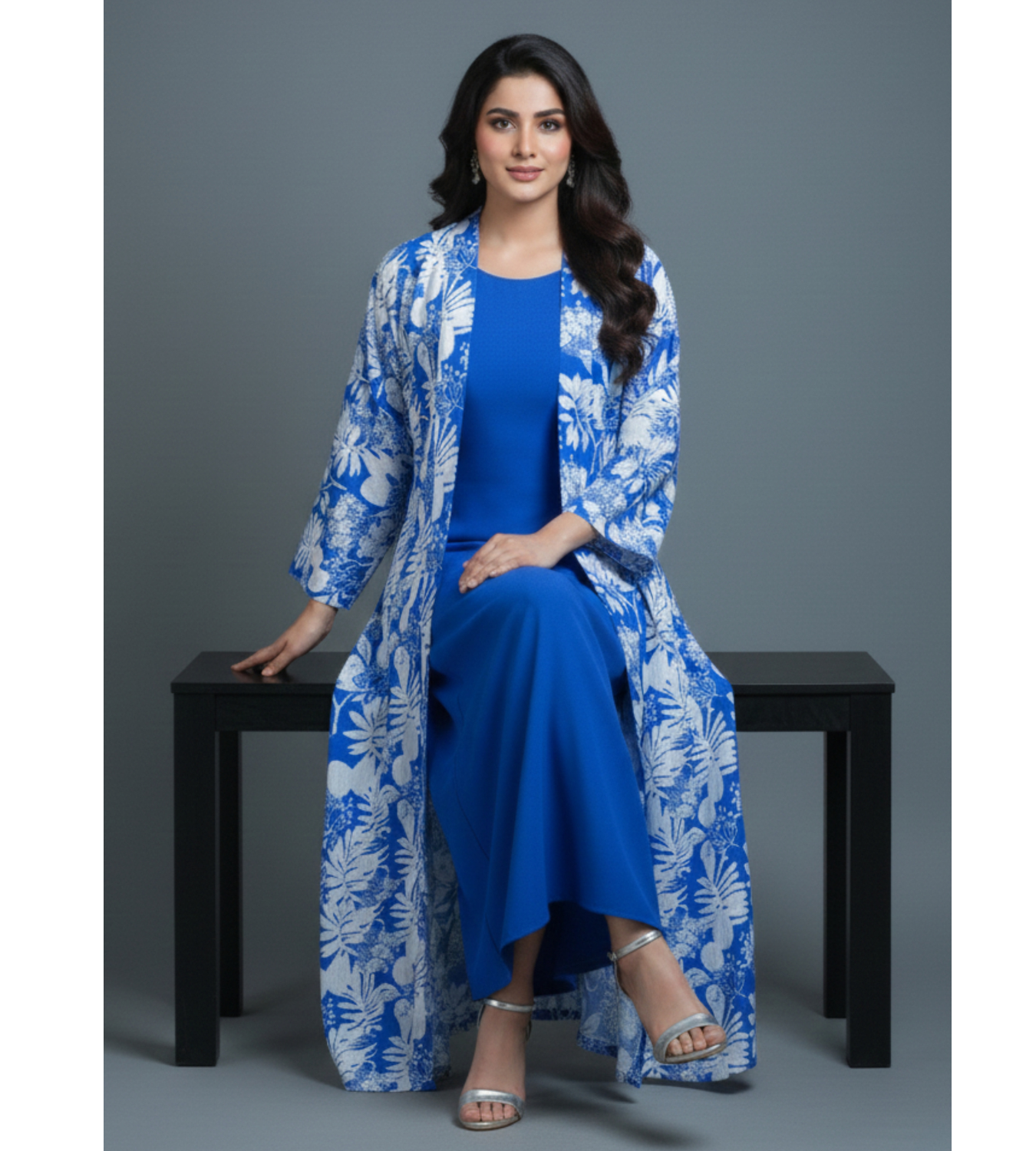 Royal Blue Floral – 2-Piece Premium Gown Set