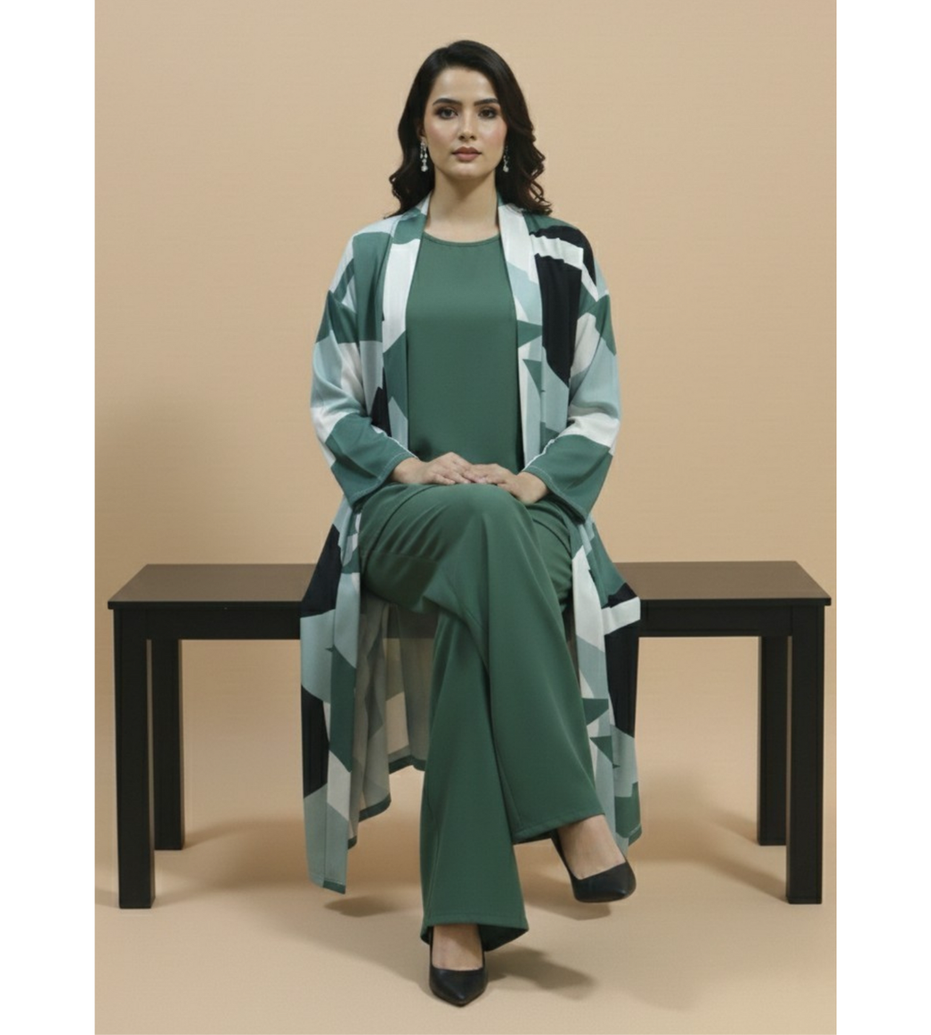 Sage Green Geometric – 3-Piece Premium Gown Set