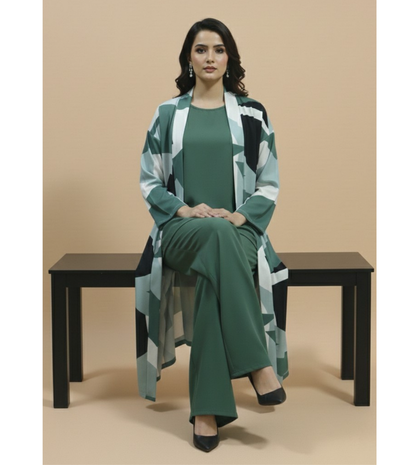 Sage Green Geometric – 3-Piece Premium Gown Set