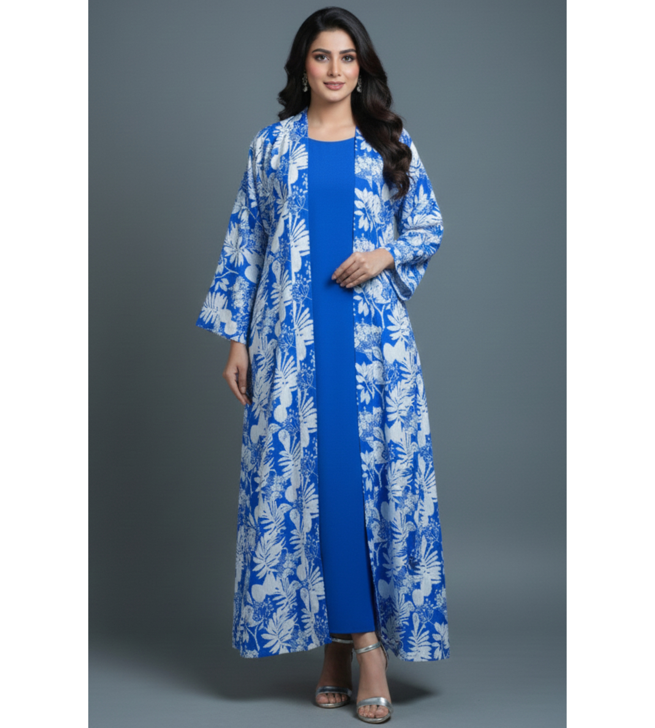 Royal Blue Floral – 2-Piece Premium Gown Set