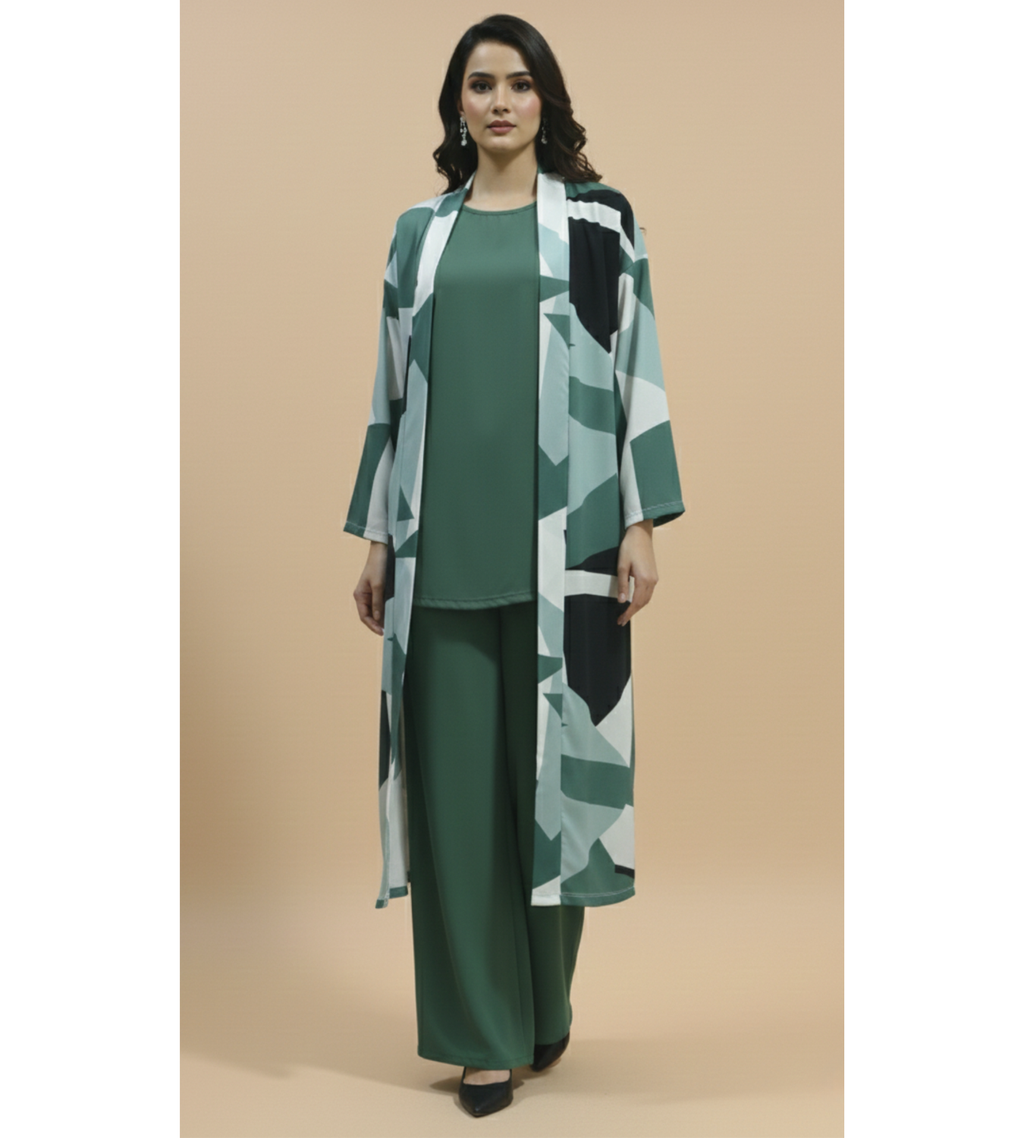 Sage Green Geometric – 3-Piece Premium Gown Set