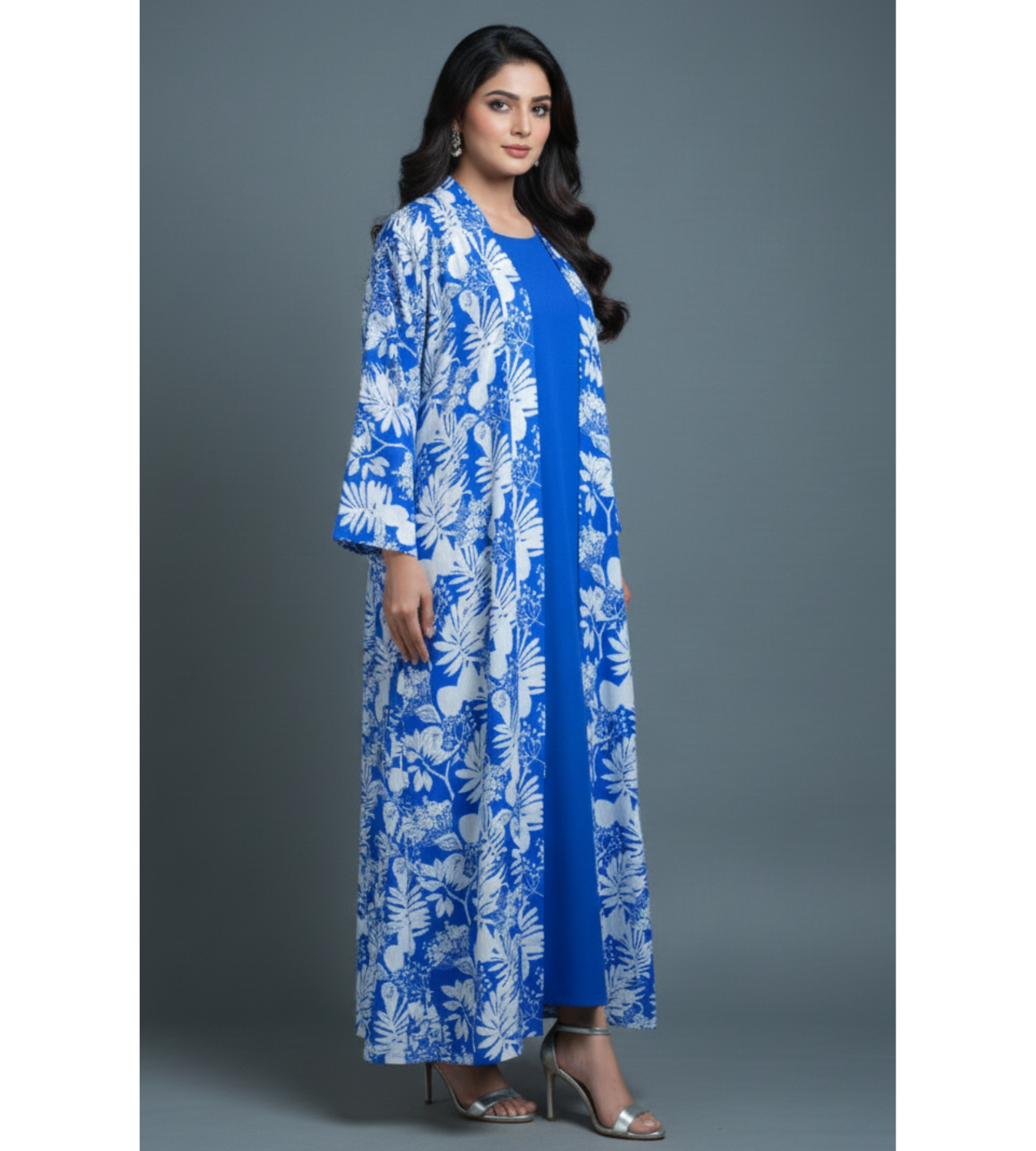 Royal Blue Floral – 2-Piece Premium Gown Set