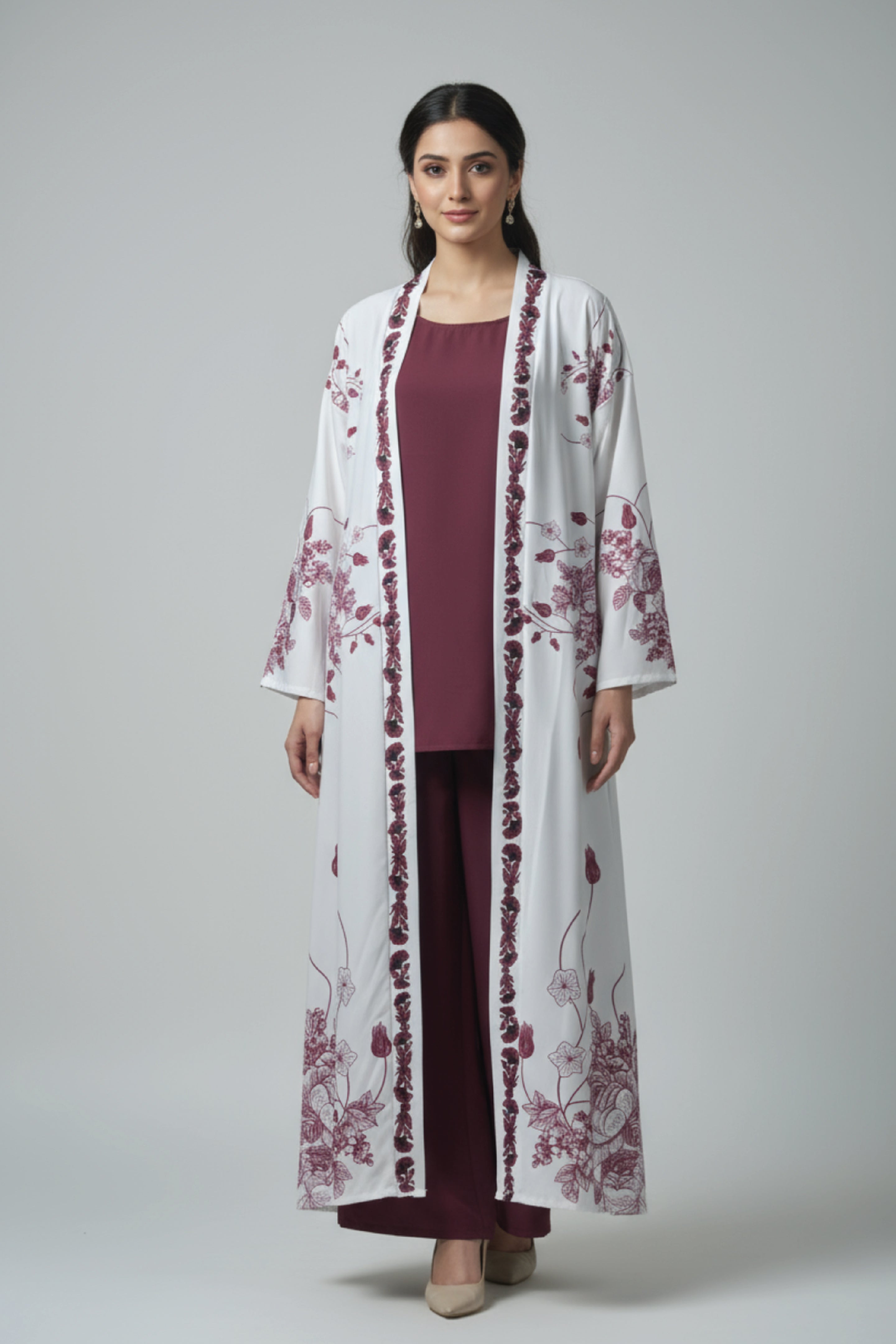 Deep Maroon Floral – 3-Piece Premium Gown Set