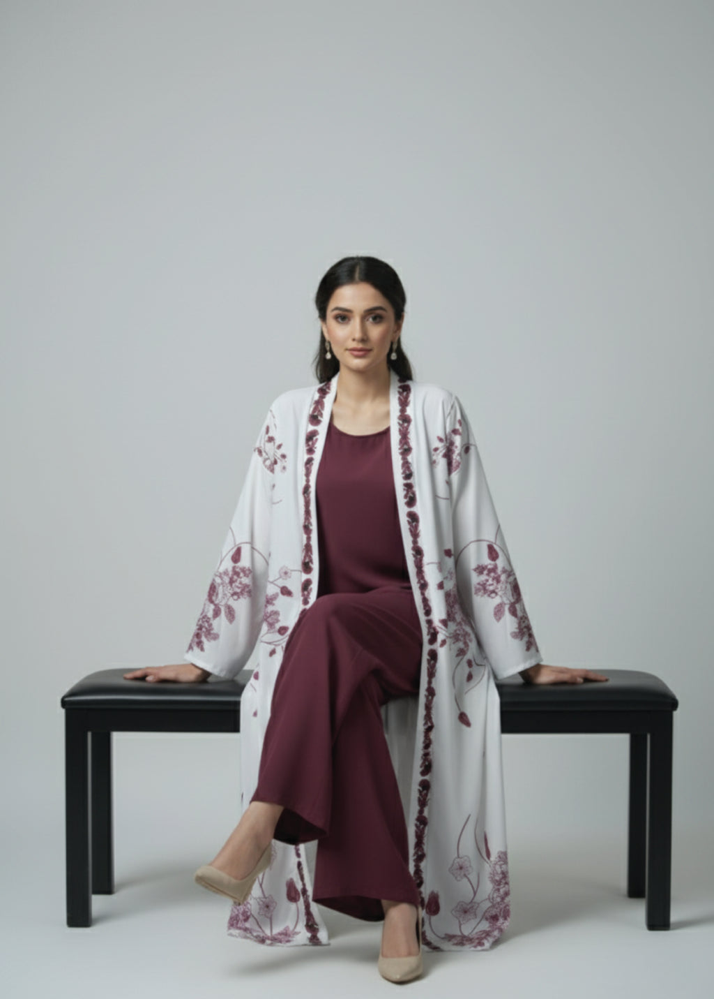 Deep Maroon Floral – 3-Piece Premium Gown Set