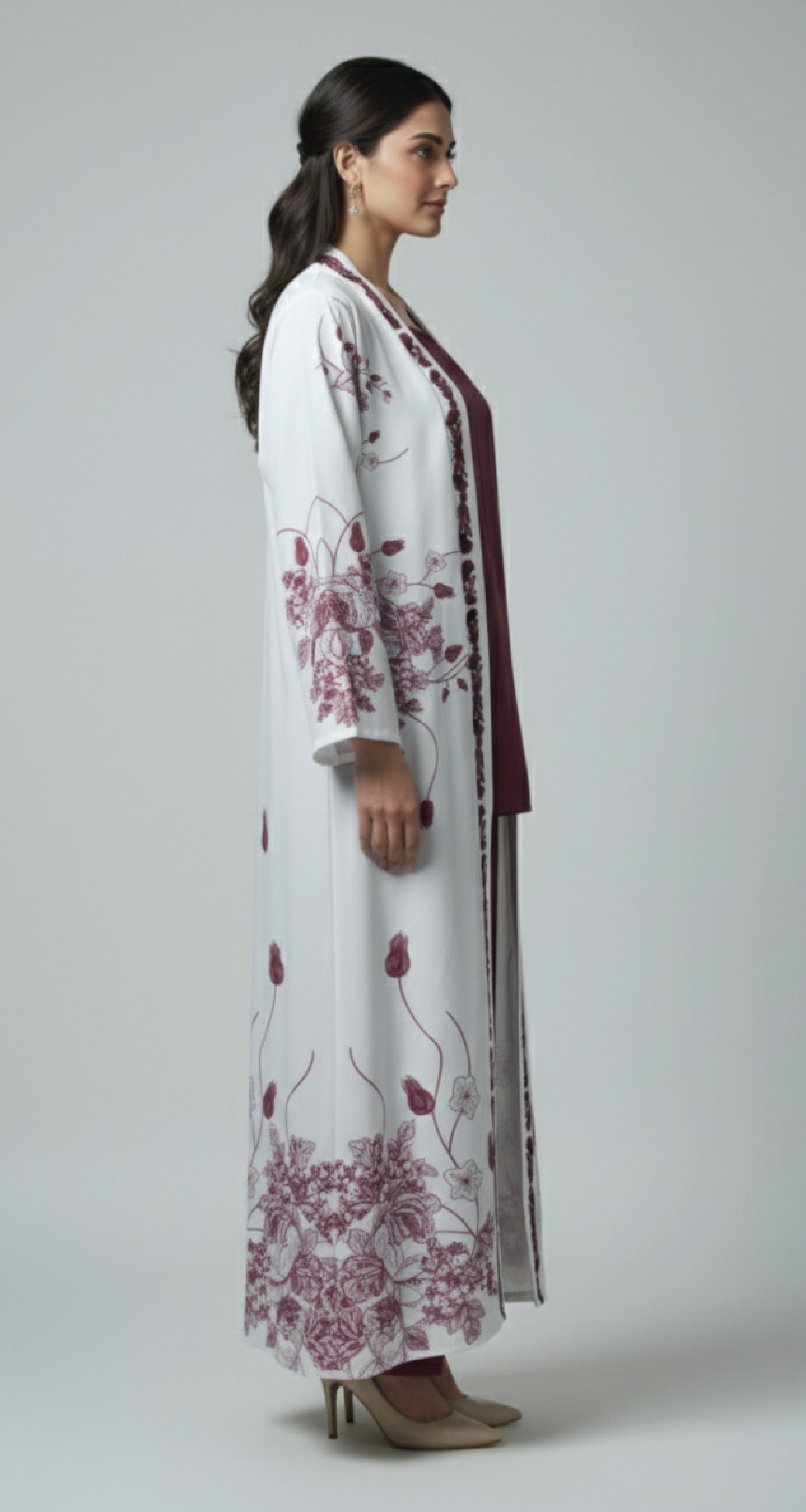 Deep Maroon Floral – 3-Piece Premium Gown Set