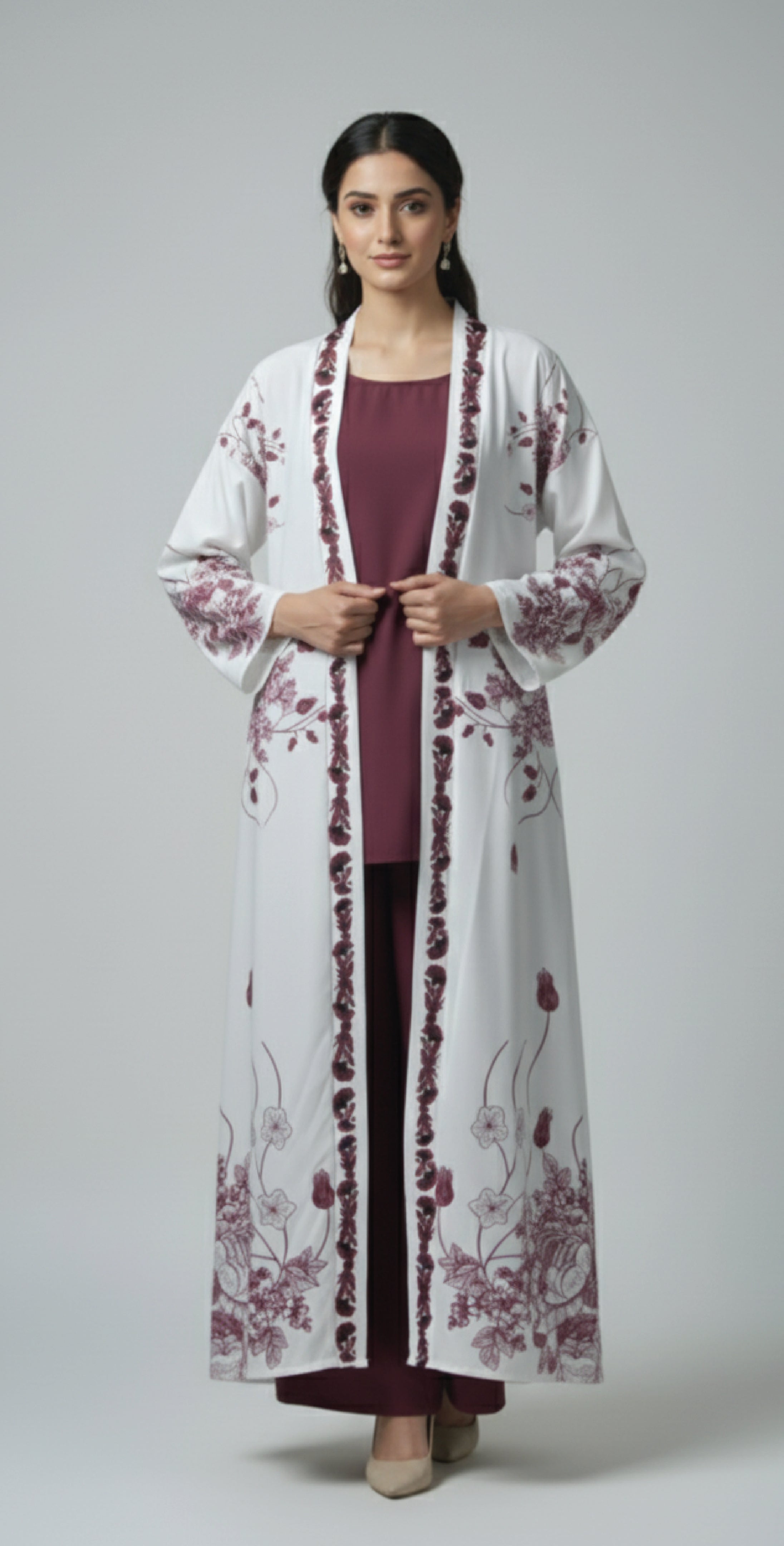 Deep Maroon Floral – 3-Piece Premium Gown Set