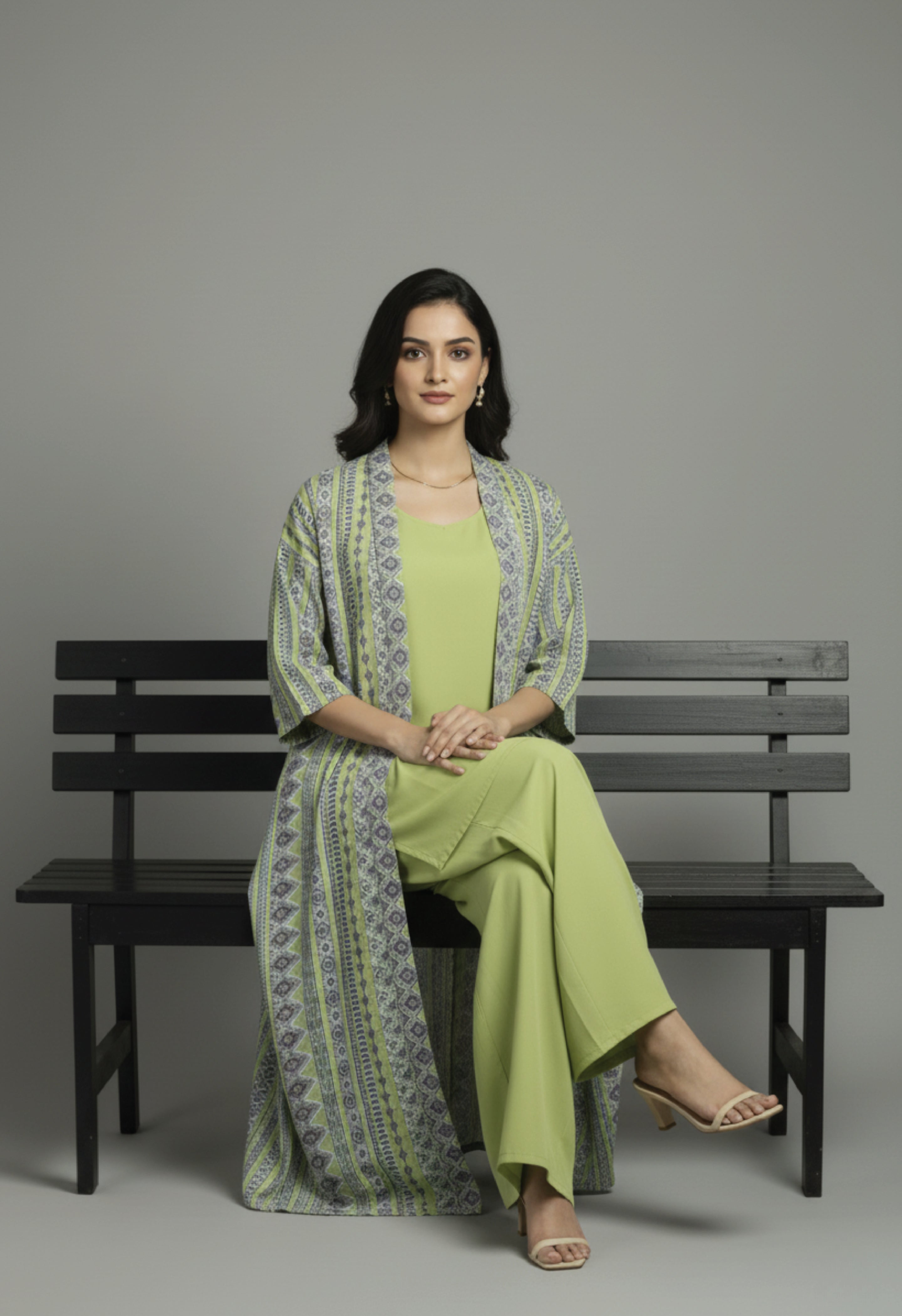 Lime Green Geometric – 3-Piece Premium Gown Set