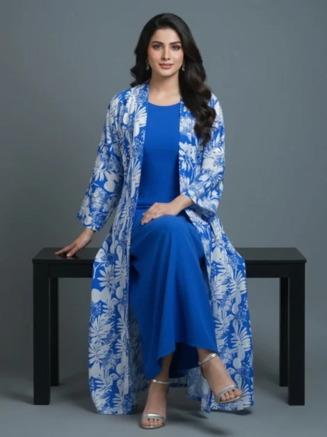 Royal Blue Floral – 2 Piece Premium Gown Set