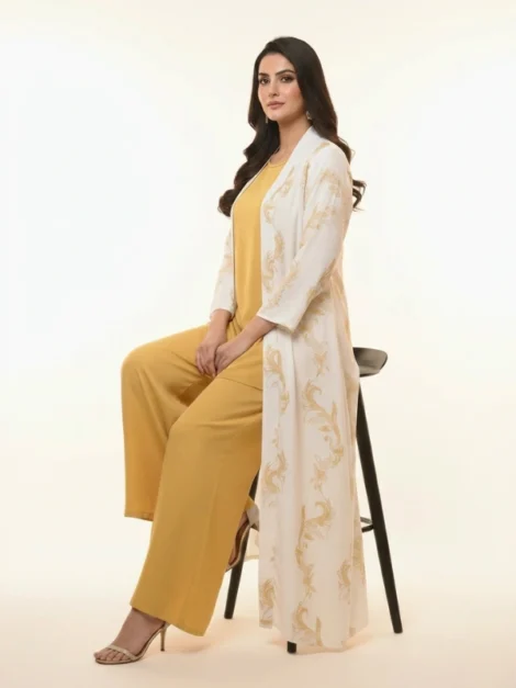 Mustard Floral – 3-Piece Premium Gown Set
