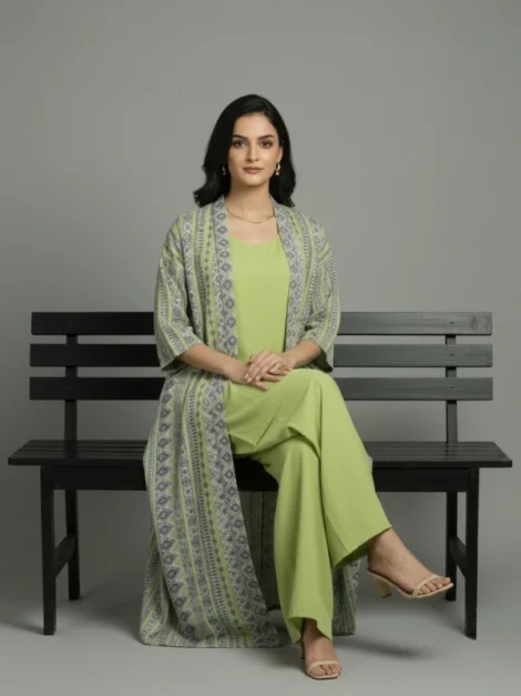 Lime Green Geometric – 3-Piece Premium Gown Set