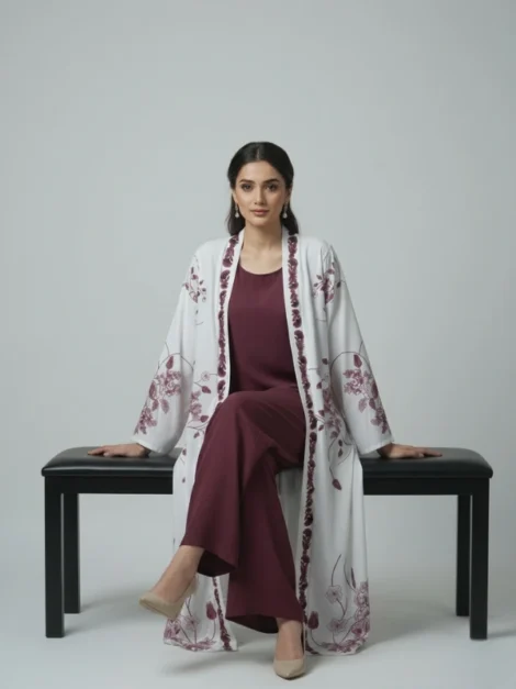 Deep Maroon Floral – 3-Piece Premium Gown Set