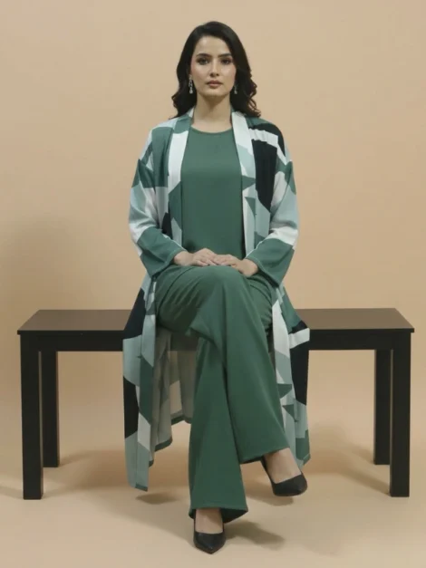 Sage Green Geometric – 3-Piece Premium Gown Set